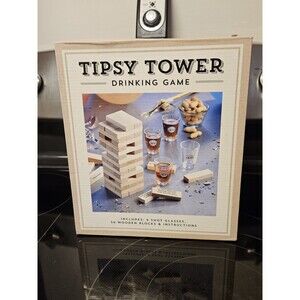 Tipsy Tower Drinking Game Set Of 54 Stacking Wooden Blocks & 4 Shot Glasses